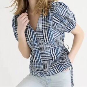 J. Crew Puff-Sleeve Wrap Top in Indigo Patchwork Size Medium